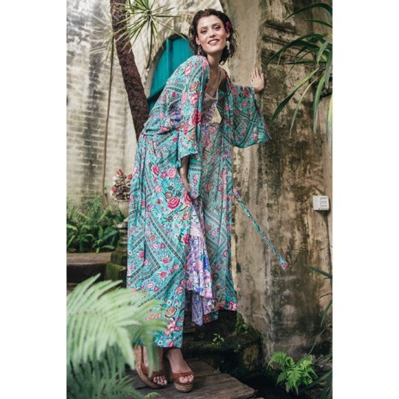Spell & The Gypsy Babushka Turquoise Maxi Kimono Robe OS b225e - Picture 13 of 13